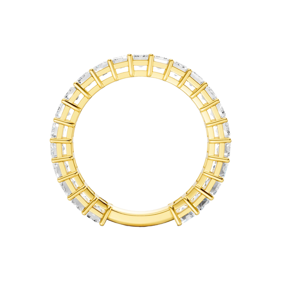 A breathtaking 14k yellow gold full eternity band featuring a continuous circle of 2.3 total carats of shimmering emerald-cut lab-grown diamonds