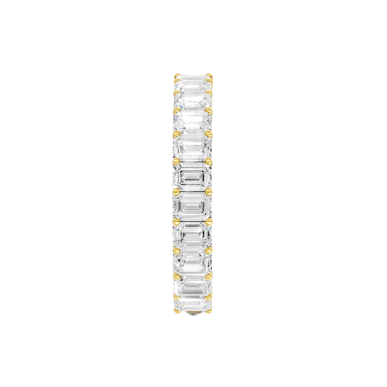 A breathtaking 14k yellow gold full eternity band featuring a continuous circle of 2.3 total carats of shimmering emerald-cut lab-grown diamonds