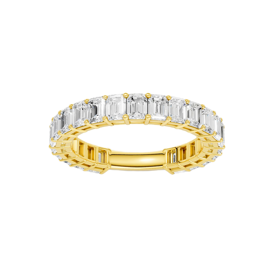 A breathtaking 14k yellow gold full eternity band featuring a continuous circle of 2.3 total carats of shimmering emerald-cut lab-grown diamonds