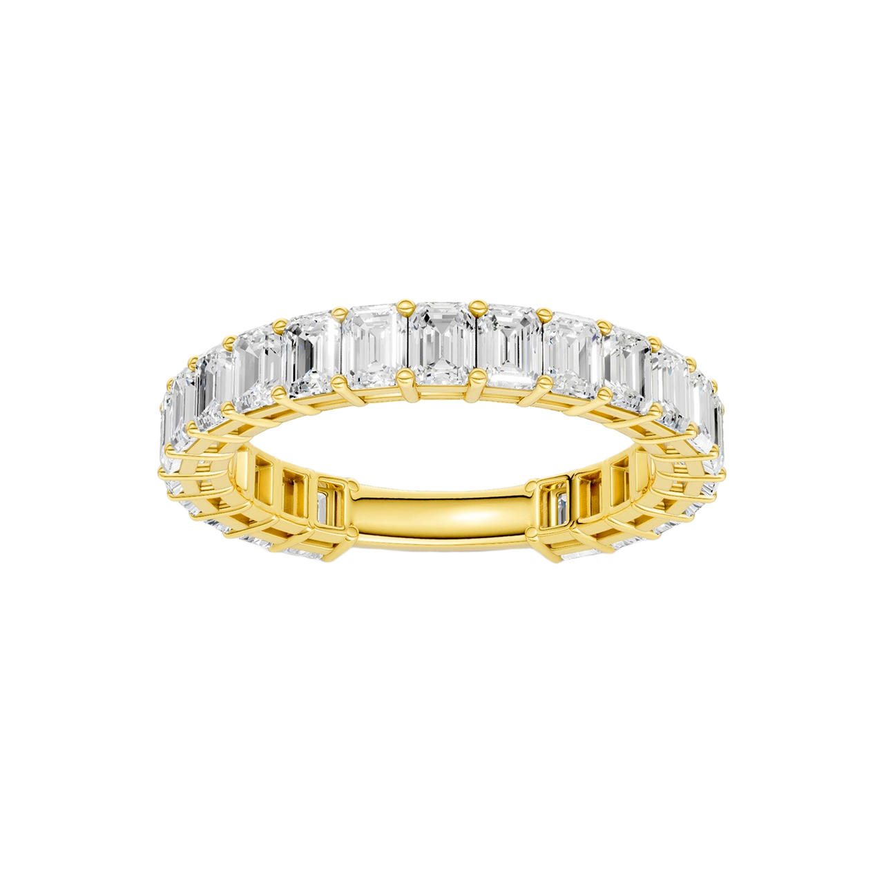 A breathtaking 14k yellow gold full eternity band featuring a continuous circle of 2.3 total carats of shimmering emerald-cut lab-grown diamonds