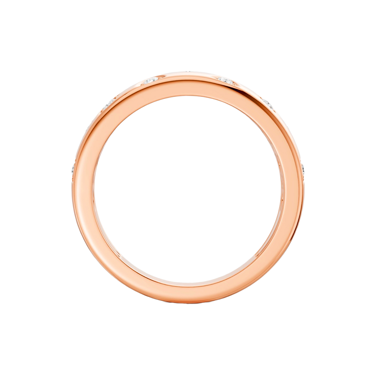 Interior back view of the Fourteenth Collection diamond dome ring crafted in rose gold, showcasing a smooth, polished band with subtle diamond accents wrapping the outer edge.