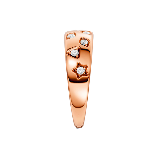 Side profile of the Fourteenth Collection rose gold diamond dome ring, highlighting star and geometric bezel-set diamonds embedded along a sculpted, high-polish rose gold band.