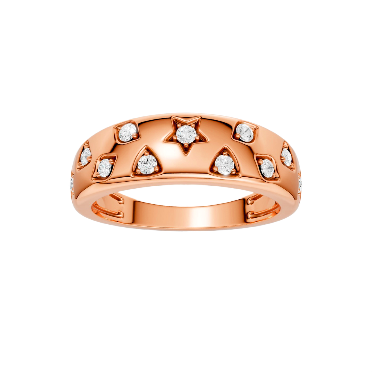 Solid 14K Rose Gold Star Studded Diamond Ring, featuring a pillowed dome silhouette and hand-vetted E-F VS+ brilliance. Secured with Insured Free Shipping.