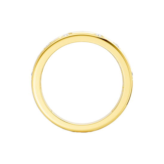 A high-polish 14k yellow gold dome ring by Amorati featuring scattered star and geometric insets with shimmering round-cut diamonds. Amorati’s signature F O U R T E E N T H Collection.