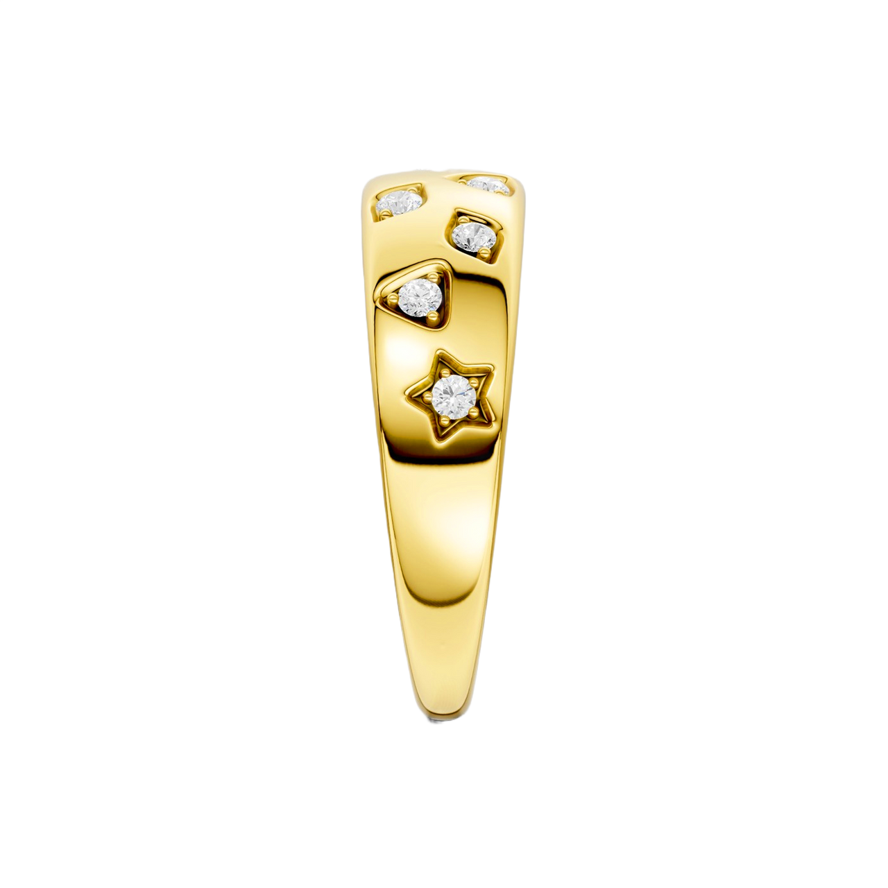 That side view is your "Proof of Value" shot. In a world of hollow, paper-thin gold rings sold online, showing the "wall" of metal is what justifies the price and moves the ring from the cart to the doorstep.

Use this specific, high-detail Alt-Text for that image to capture the "Solid Gold" organic traffic:

Image Alt-Text (The "Heft" Shot)
Side profile view of the Solid 14K Gold Star Studded Dome Ring, showcasing the substantial 3.45g weighted thickness and high-polish pillowed silhouette. Hand-set with E