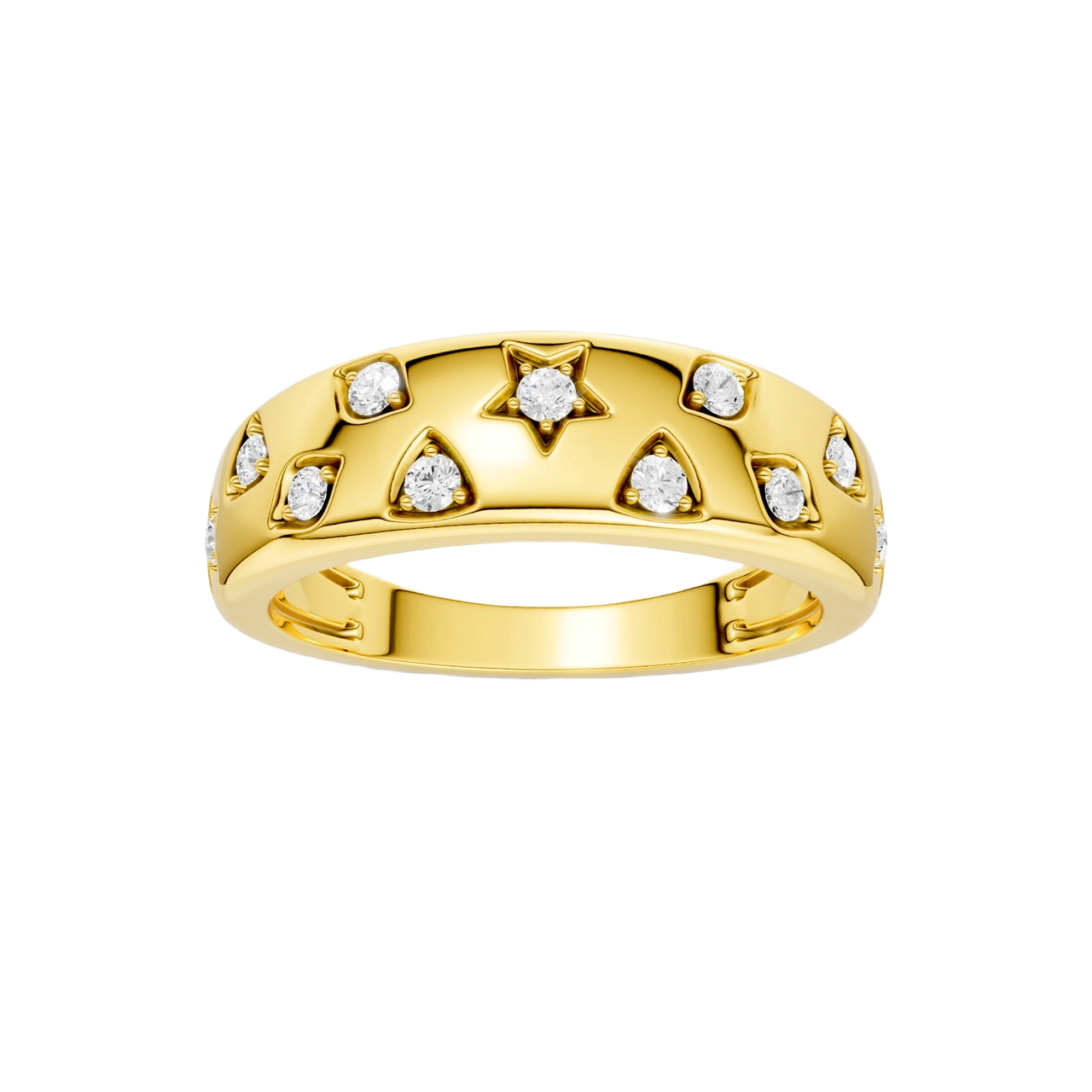 Solid 14K Yellow Gold Star Studded Diamond Dome Ring, 3.45g weighted celestial band with hand-set E-F VS+ lab diamonds and Insured Free Shipping by Amorati. Amorati’s signature F O U R T E E N T H Collection.