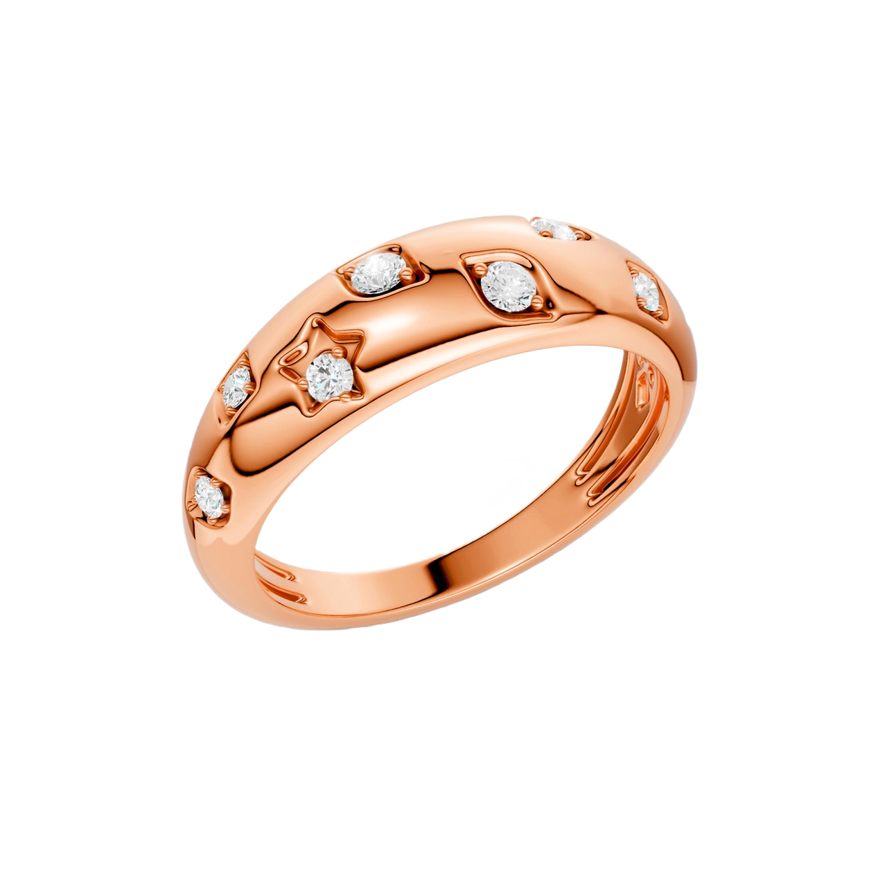 Angled view of the Fourteenth Collection studded diamond dome ring in polished rose gold, featuring bezel-set round diamonds spaced across a smooth, high-shine dome band against a black background.