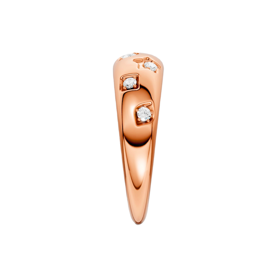 Side profile of the Fourteenth Collection rose gold studded diamond dome ring, showcasing bezel-set round diamonds embedded into a sculpted, high-polish rose gold band.