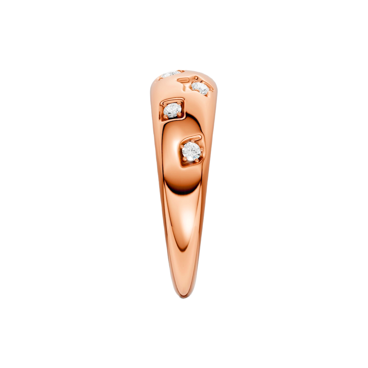 Side profile of the Fourteenth Collection rose gold studded diamond dome ring, showcasing bezel-set round diamonds embedded into a sculpted, high-polish rose gold band.