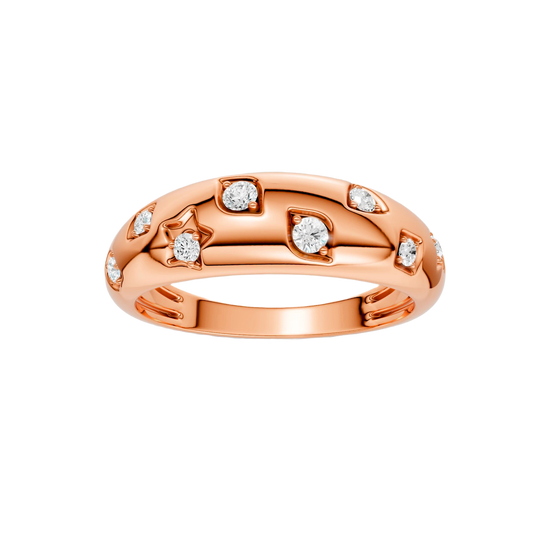 Front facing view of the Fourteenth Collection studded diamond dome ring in rose gold, featuring evenly spaced bezel-set round diamonds across a bold, polished dome silhouette.
