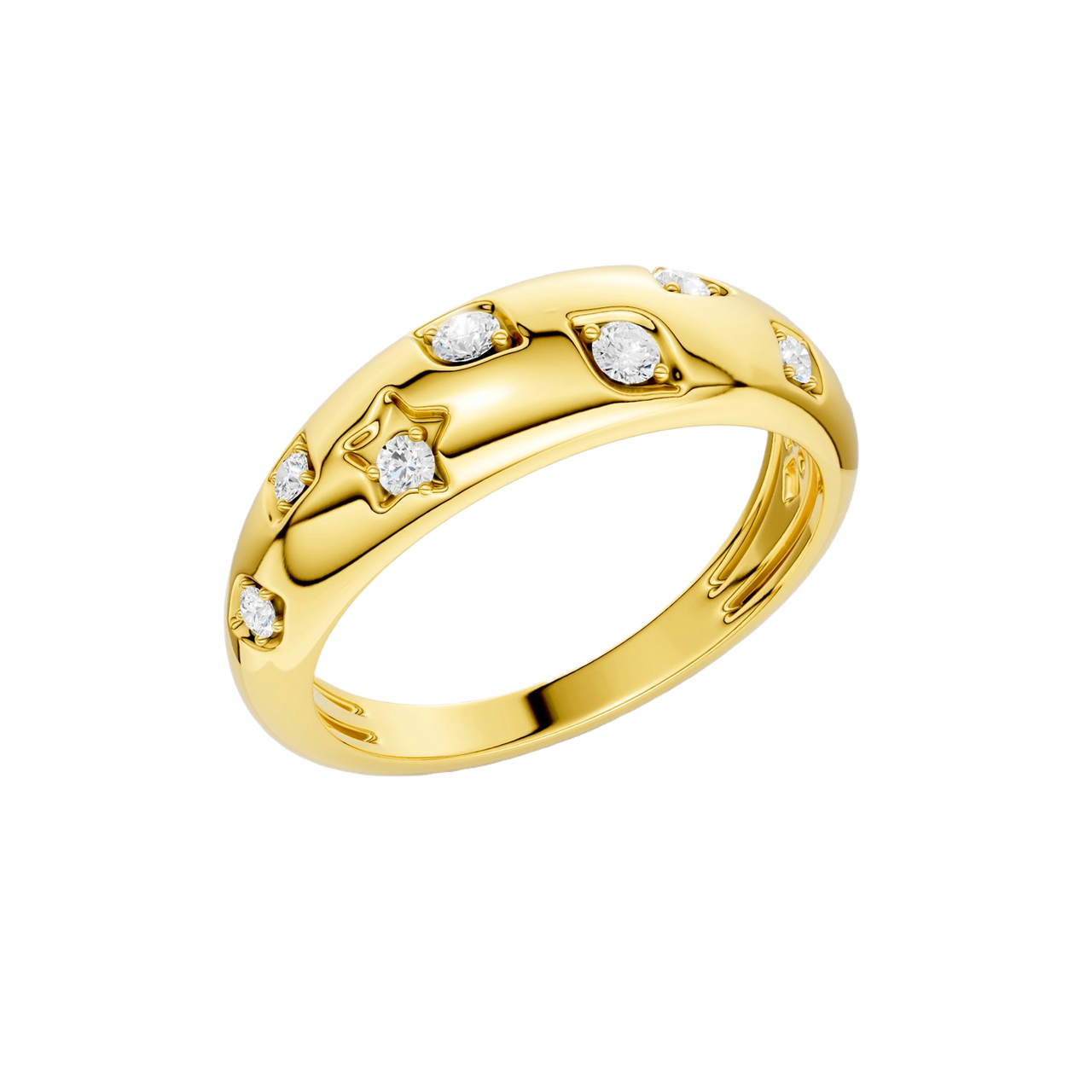 A high-polish 14k yellow gold dome ring by Amorati featuring scattered star and geometric insets with shimmering round-cut diamonds. Amorati’s signature F O U R T E E N T H Collection.