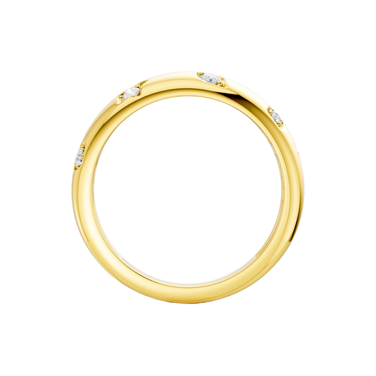A high-polish 14k yellow gold dome ring by Amorati featuring scattered star and geometric insets with shimmering round-cut diamonds. Amorati’s signature F O U R T E E N T H Collection.