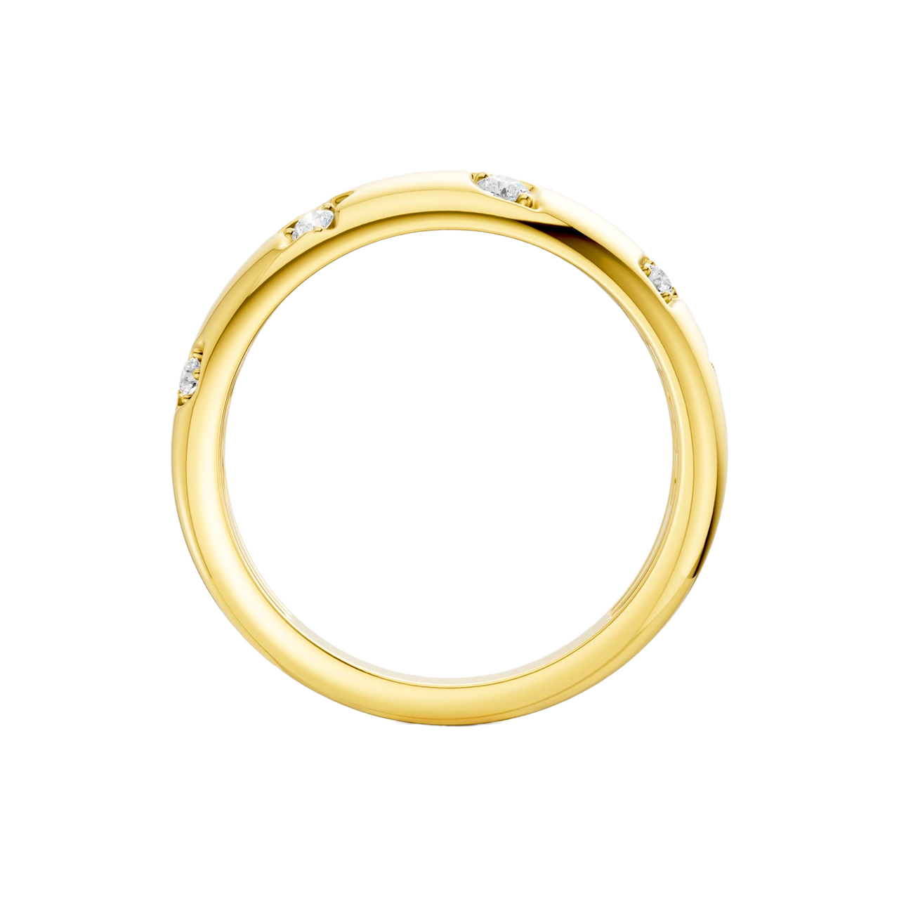 A high-polish 14k yellow gold dome ring by Amorati featuring scattered star and geometric insets with shimmering round-cut diamonds. Amorati’s signature F O U R T E E N T H Collection.