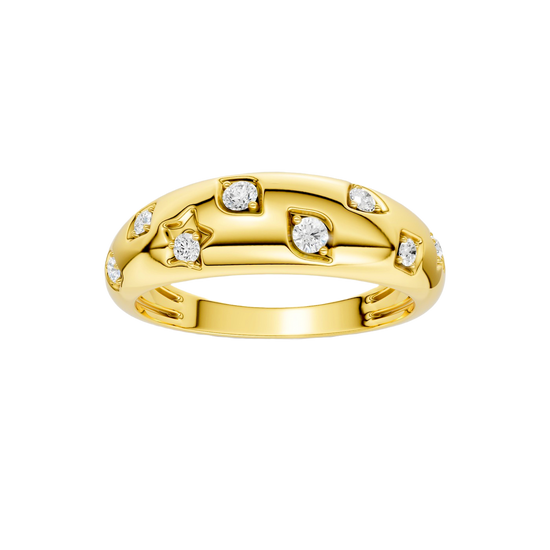 A high-polish 14k yellow gold dome ring by Amorati featuring scattered star and geometric insets with shimmering round-cut diamonds. Amorati’s signature F O U R T E E N T H Collection.