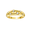 A high-polish 14k yellow gold dome ring by Amorati featuring scattered star and geometric insets with shimmering round-cut diamonds. Amorati’s signature F O U R T E E N T H Collection.