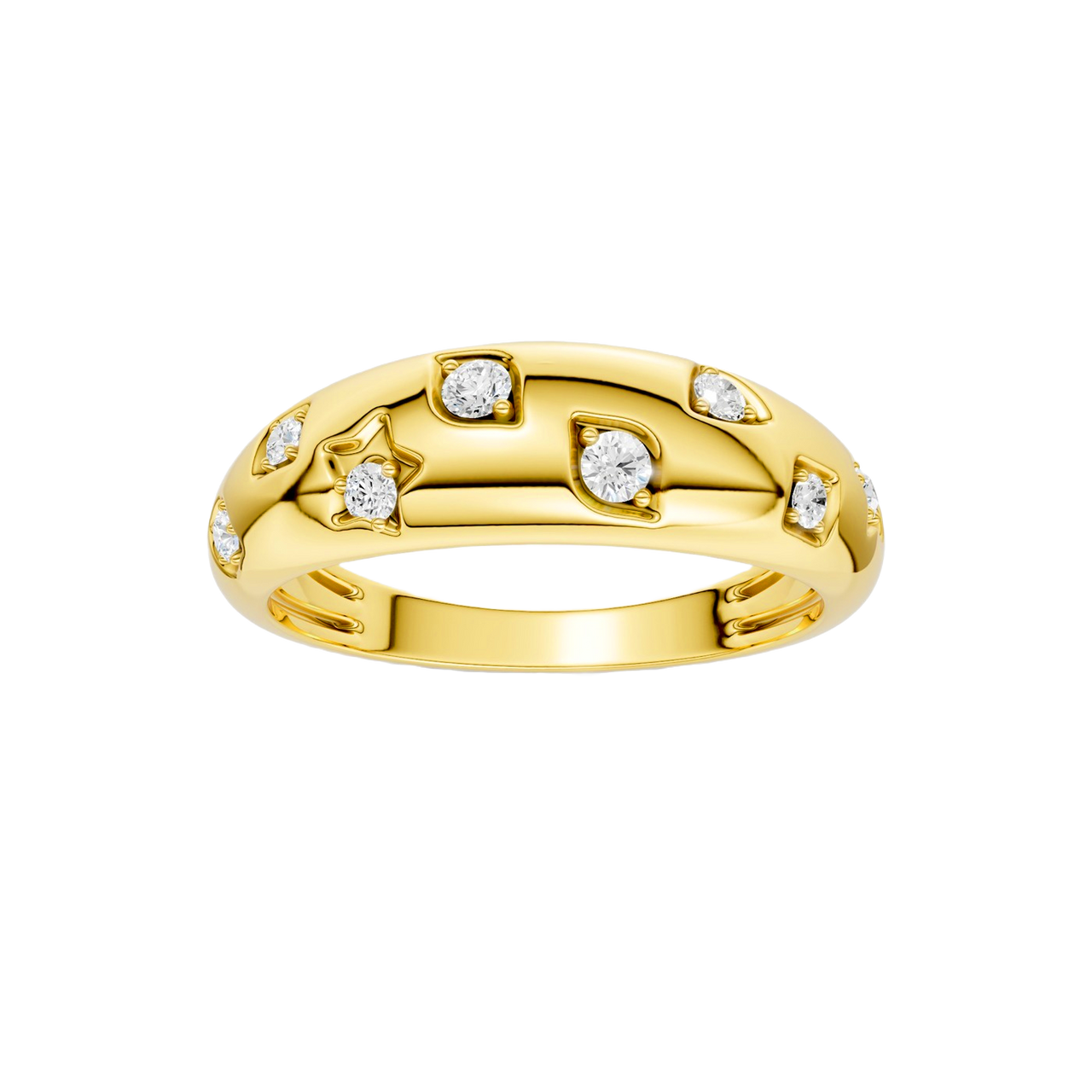 A high-polish 14k yellow gold dome ring by Amorati featuring scattered star and geometric insets with shimmering round-cut diamonds. Amorati’s signature F O U R T E E N T H Collection.