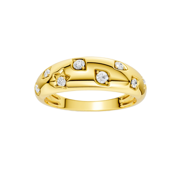 A high-polish 14k yellow gold dome ring by Amorati featuring scattered star and geometric insets with shimmering round-cut diamonds. Amorati’s signature F O U R T E E N T H Collection.