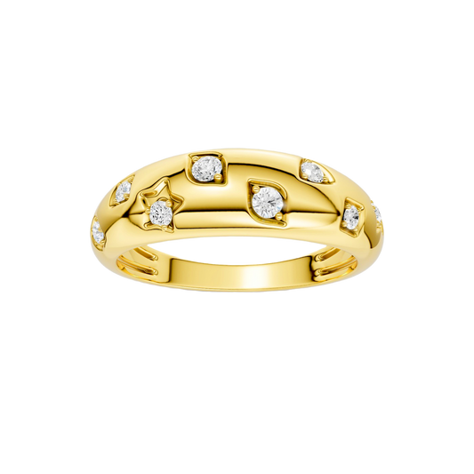 A high-polish 14k yellow gold dome ring by Amorati featuring scattered star and geometric insets with shimmering round-cut diamonds. Amorati’s signature F O U R T E E N T H Collection.