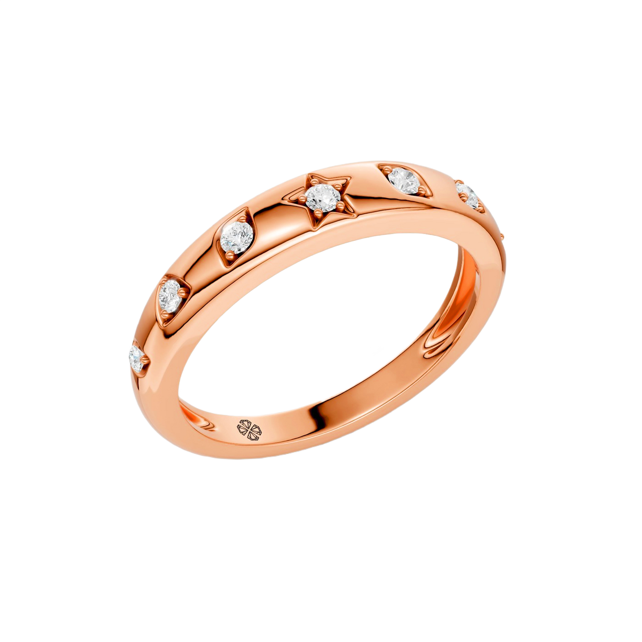 Angled view of the Fourteenth Collection geometric studded diamond stackable ring in polished rose gold, featuring star and geometric bezel-set round diamonds across a slim, high-shine band.