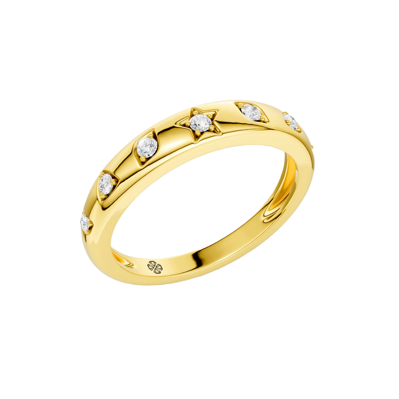 A slim 14k yellow gold stackable ring by Amorati featuring delicate star-shaped insets with shimmering round lab-grown diamonds. Amorati’s signature F O U R T E E N T H Collection.