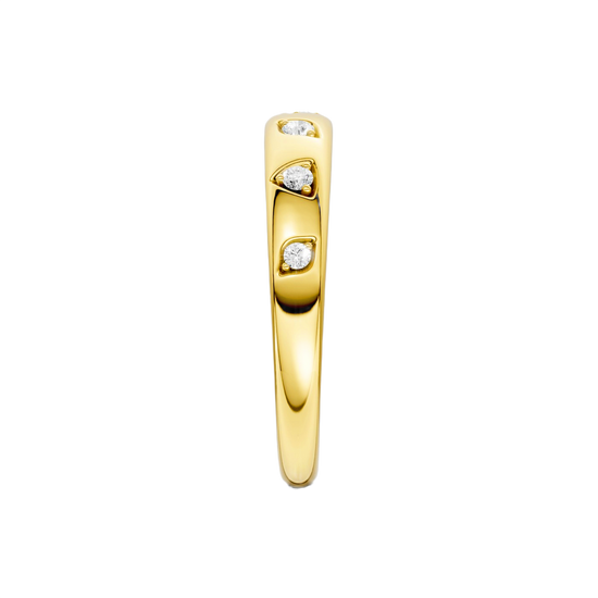 A slim 14k yellow gold stackable ring by Amorati featuring delicate star-shaped insets with shimmering round lab-grown diamonds. Amorati’s signature F O U R T E E N T H Collection.