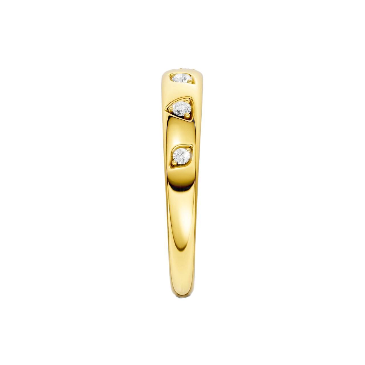 A slim 14k yellow gold stackable ring by Amorati featuring delicate star-shaped insets with shimmering round lab-grown diamonds. Amorati’s signature F O U R T E E N T H Collection.