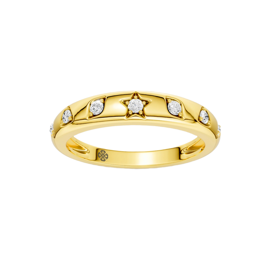 A slim 14k yellow gold stackable ring by Amorati featuring delicate star-shaped insets with shimmering round lab-grown diamonds. Amorati’s signature F O U R T E E N T H Collection.