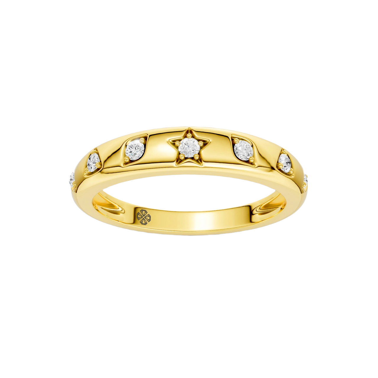 A slim 14k yellow gold stackable ring by Amorati featuring delicate star-shaped insets with shimmering round lab-grown diamonds. Amorati’s signature F O U R T E E N T H Collection.