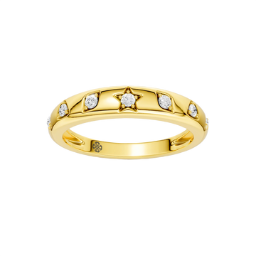 A slim 14k yellow gold stackable ring by Amorati featuring delicate star-shaped insets with shimmering round lab-grown diamonds. Amorati’s signature F O U R T E E N T H Collection.