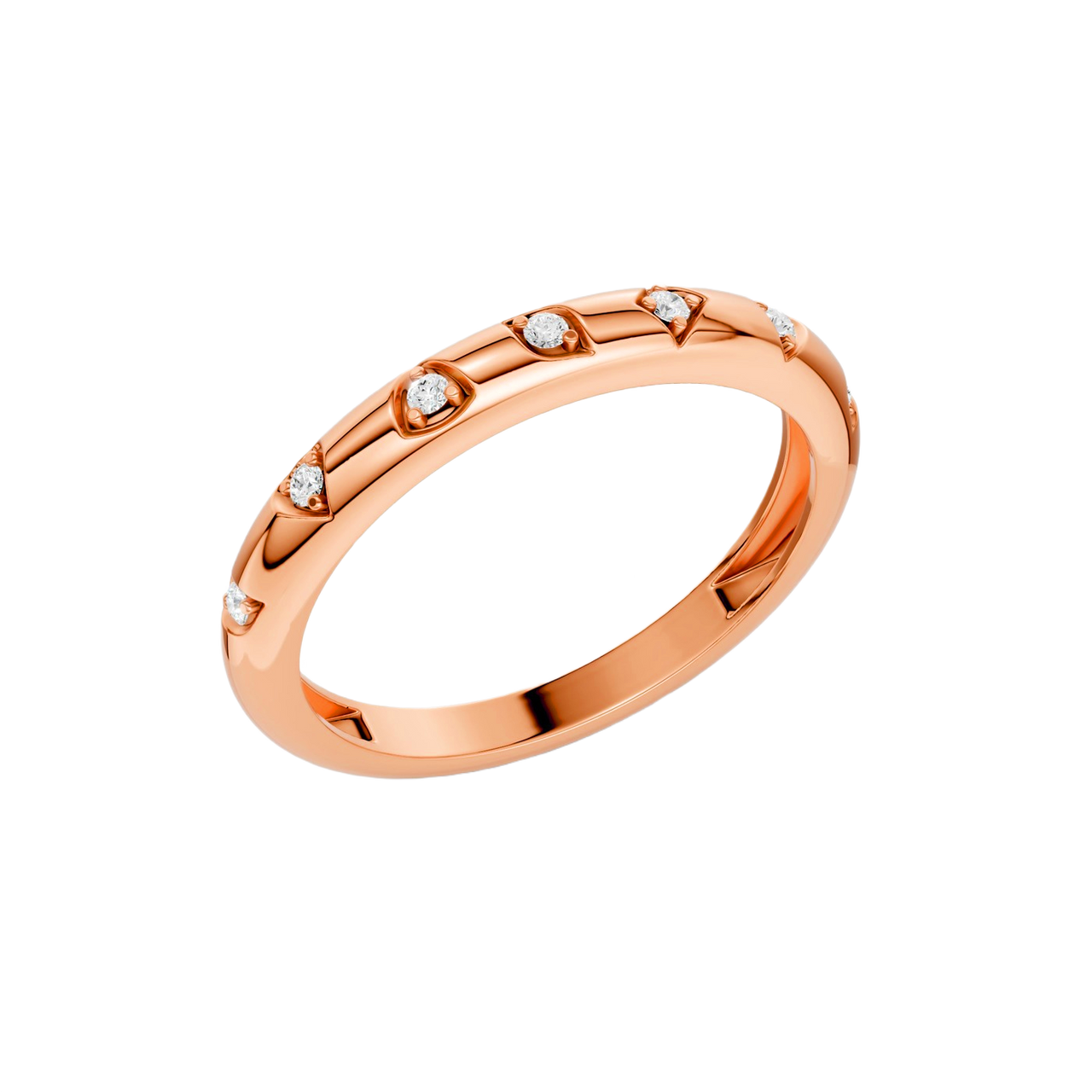 Angled view of the Fourteenth Collection micro studded diamond stackable thin ring in polished rose gold, featuring petite bezel-set round diamonds spaced evenly along a slim, high-shine band.