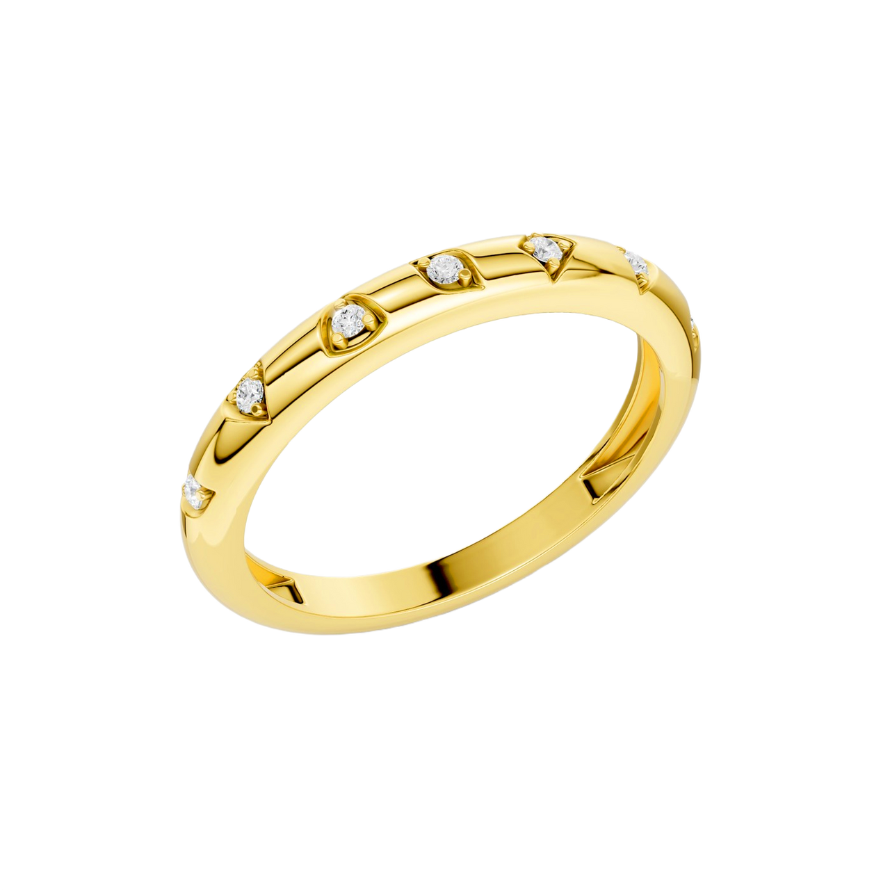 A high-polish, thin 14k yellow gold stackable ring by Amorati featuring tiny star-shaped insets with shimmering round lab-grown diamonds. Amorati’s signature F O U R T E E N T H Collection.