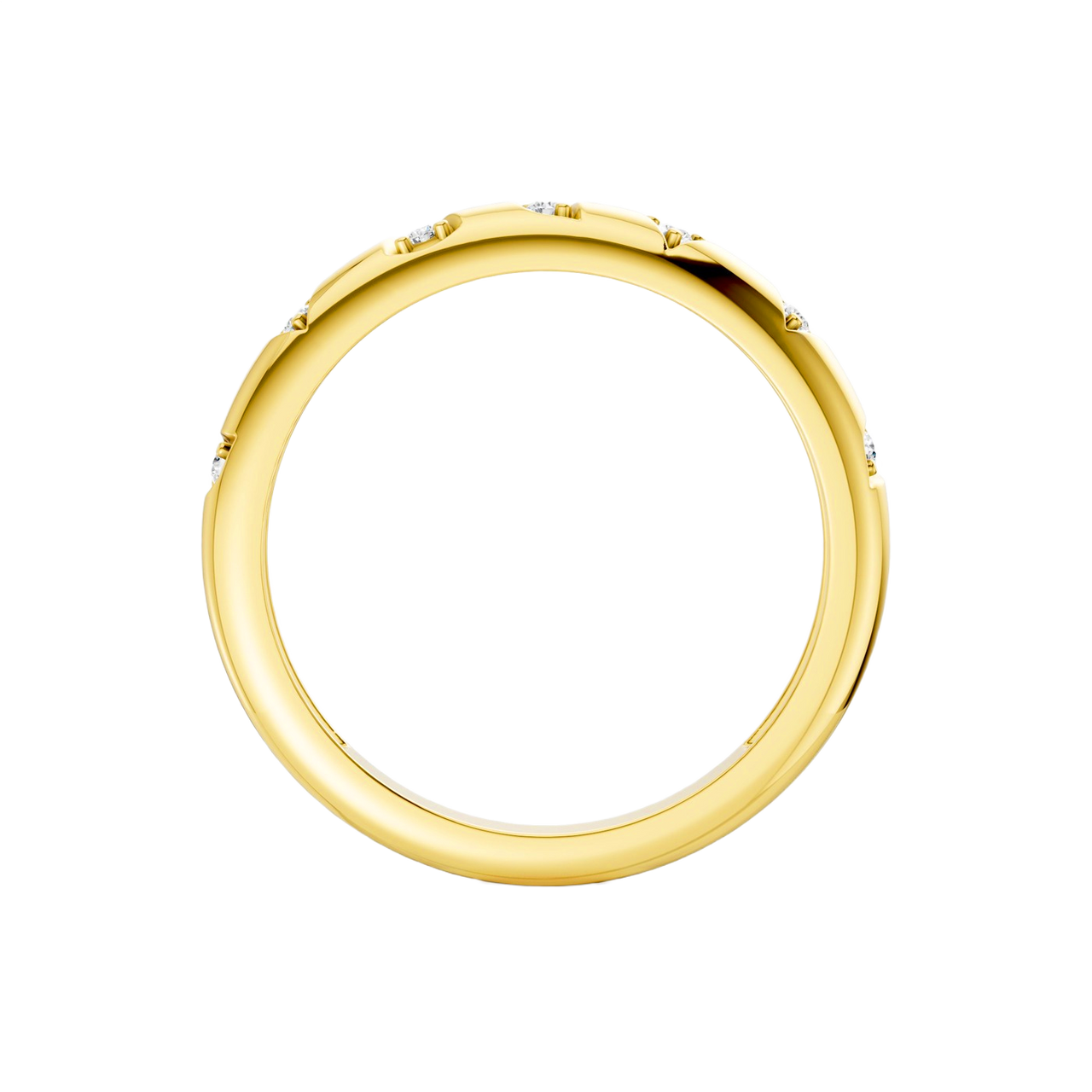 A high-polish, thin 14k yellow gold stackable ring by Amorati featuring tiny star-shaped insets with shimmering round lab-grown diamonds. Amorati’s signature F O U R T E E N T H Collection.