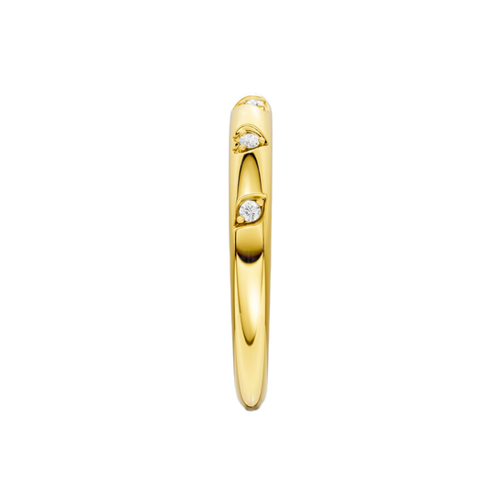 A high-polish, thin 14k yellow gold stackable ring by Amorati featuring tiny star-shaped insets with shimmering round lab-grown diamonds. Amorati’s signature F O U R T E E N T H Collection.