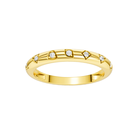 A high-polish, thin 14k yellow gold stackable ring by Amorati featuring tiny star-shaped insets with shimmering round lab-grown diamonds. Amorati’s signature F O U R T E E N T H Collection.