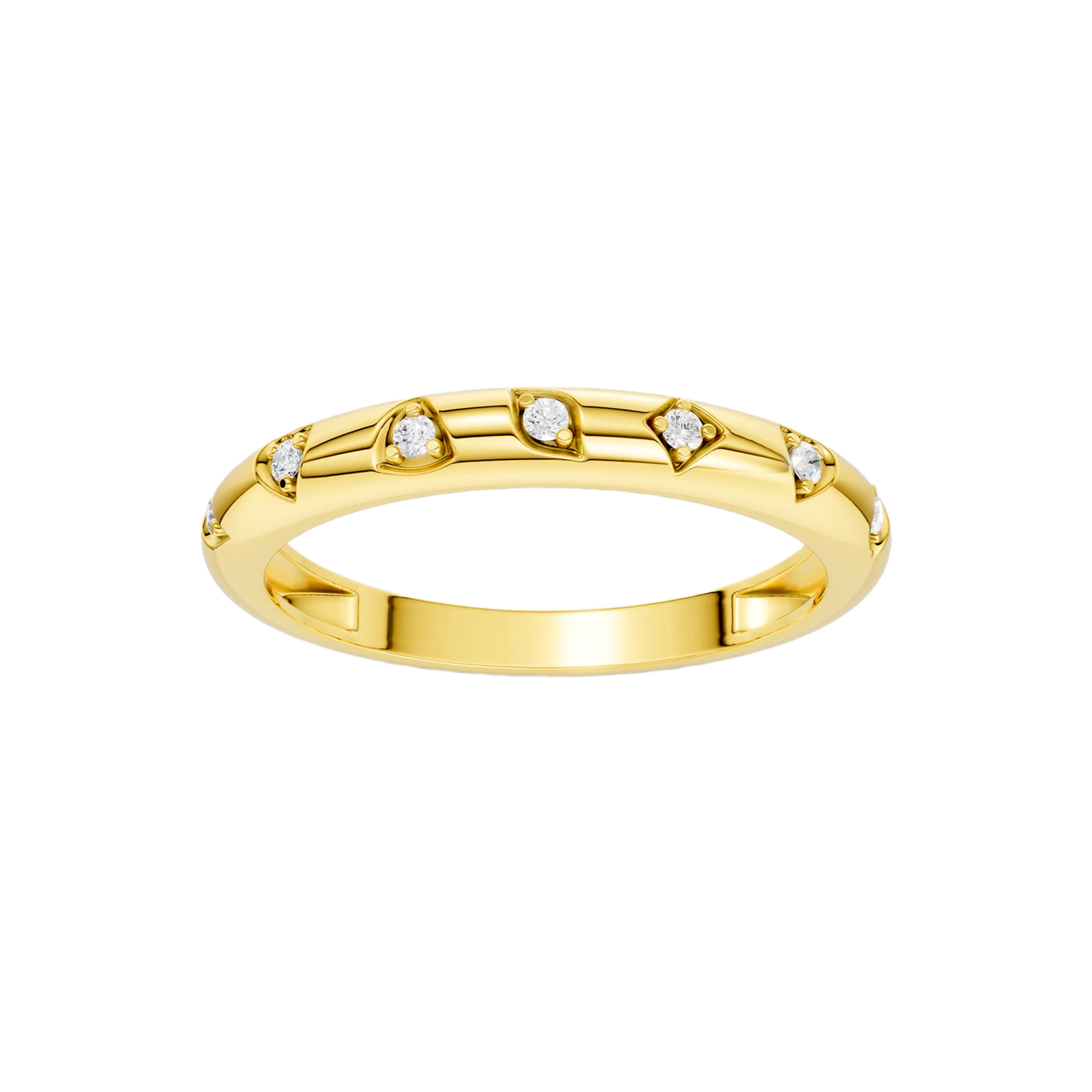 A high-polish, thin 14k yellow gold stackable ring by Amorati featuring tiny star-shaped insets with shimmering round lab-grown diamonds. Amorati’s signature F O U R T E E N T H Collection.