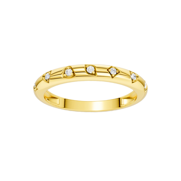 A high-polish, thin 14k yellow gold stackable ring by Amorati featuring tiny star-shaped insets with shimmering round lab-grown diamonds. Amorati’s signature F O U R T E E N T H Collection.