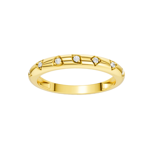 A high-polish, thin 14k yellow gold stackable ring by Amorati featuring tiny star-shaped insets with shimmering round lab-grown diamonds. Amorati’s signature F O U R T E E N T H Collection.