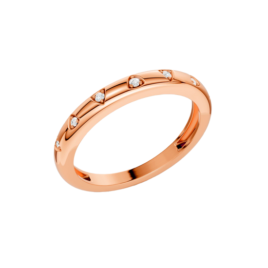 Angled view of the Fourteenth Collection multi-shape studded diamond stackable ring in polished rose gold, featuring geometric bezel-set round diamonds spaced along a refined, high-shine band.