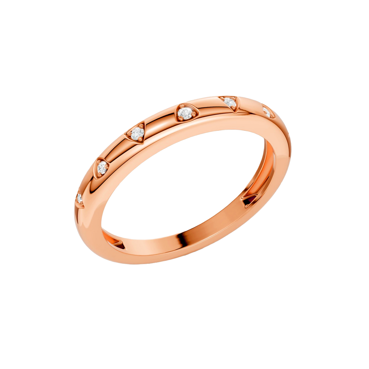 Angled view of the Fourteenth Collection multi-shape studded diamond stackable ring in polished rose gold, featuring geometric bezel-set round diamonds spaced along a refined, high-shine band.