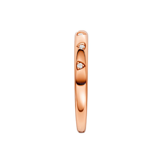 Side profile of the Fourteenth Collection rose gold multi-shape studded diamond stackable ring, highlighting bezel-set round diamonds embedded into a sleek, sculpted rose gold band.