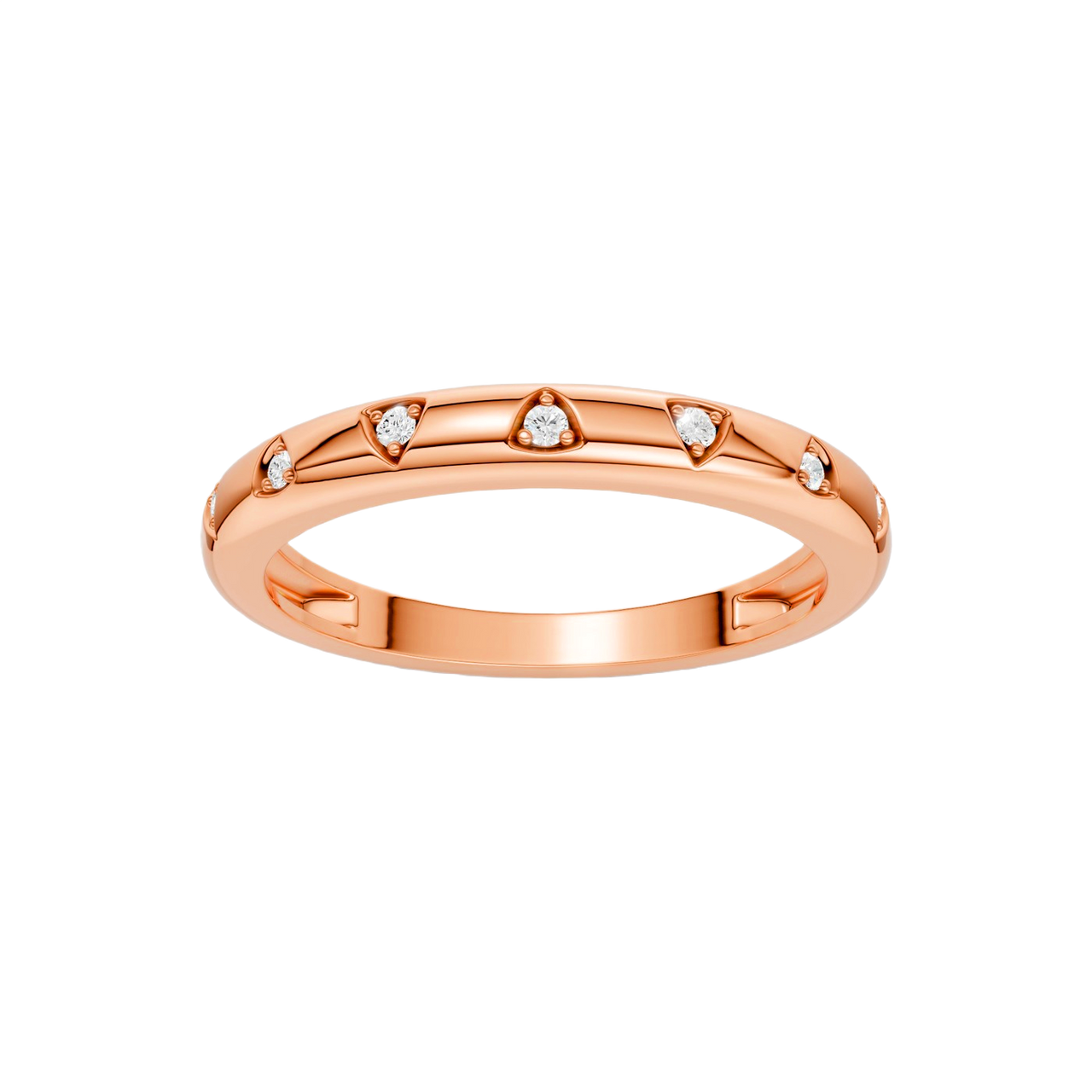 Front facing view of the Fourteenth Collection multi-shape studded diamond stackable ring in rose gold, featuring geometric bezel-set diamonds arranged across a clean, stackable silhouette.