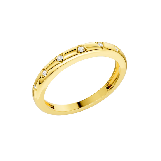 A bold, high-polish 14k yellow gold statement ring by Amorati featuring scattered star and geometric insets with shimmering round-grown diamonds. Amorati’s signature F O U R T E E N T H Collection.