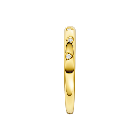 A bold, high-polish 14k yellow gold statement ring by Amorati featuring scattered star and geometric insets with shimmering round-grown diamonds. Amorati’s signature F O U R T E E N T H Collection.