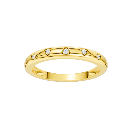 A bold, high-polish 14k yellow gold statement ring by Amorati featuring scattered star and geometric insets with shimmering round-grown diamonds. Amorati’s signature F O U R T E E N T H Collection.