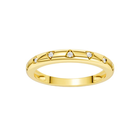 A bold, high-polish 14k yellow gold statement ring by Amorati featuring scattered star and geometric insets with shimmering round-grown diamonds. Amorati’s signature F O U R T E E N T H Collection.
