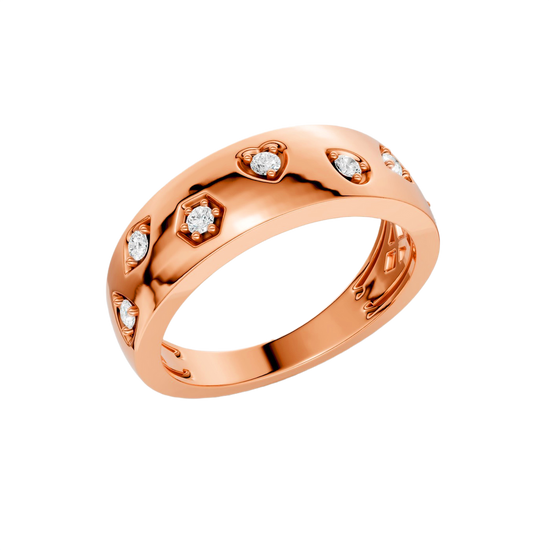 Angled studio view of a 14K rose gold multi shape studded diamond statement ring with round lab grown diamonds