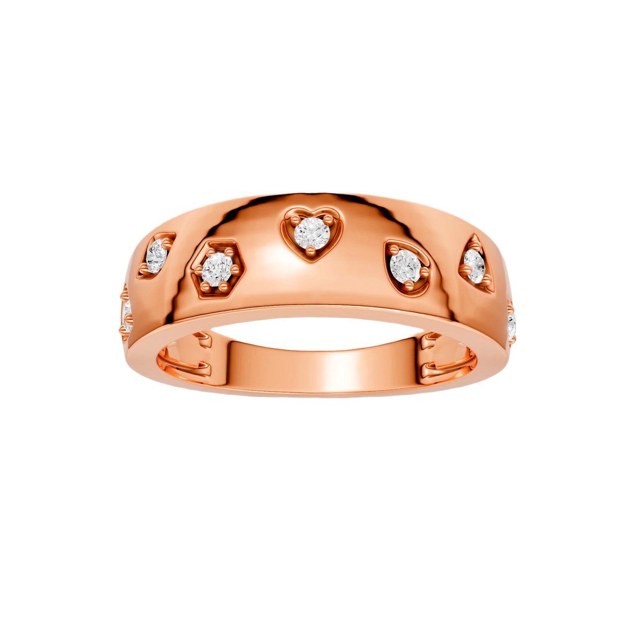 Top view of a bold 14K rose gold statement ring featuring round lab grown diamonds set in mixed geometric and heart shaped bezels