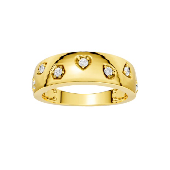A bold, high-polish 14k yellow gold statement ring from the Amorati Fourteen Collection, featuring scattered star and geometric insets with shimmering round lab-grown diamonds.