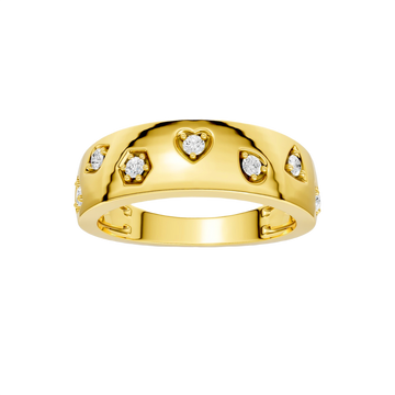 A bold, high-polish 14k yellow gold statement ring from the Amorati Fourteen Collection, featuring scattered star and geometric insets with shimmering round lab-grown diamonds.