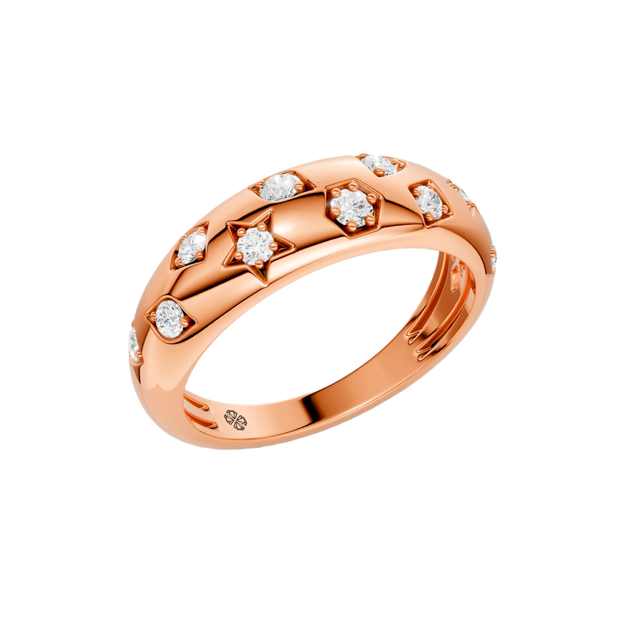 Angled view of the Fourteenth Collection star studded diamond ring in polished rose gold, featuring alternating star-shaped and geometric bezel-set round diamonds across a bold, high-shine band.